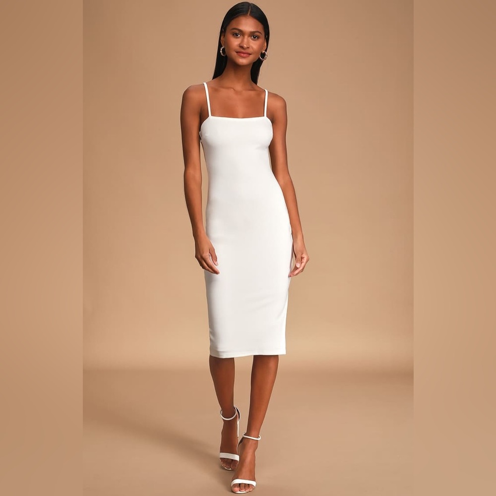 Lulus Paulina White Bodycon Midi Dress NWT